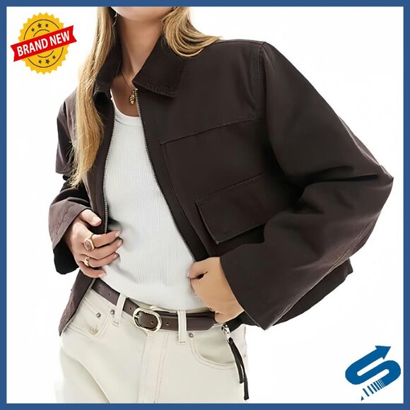 Women's Cropped Utility Jacket with Contrast Collar & Pockets